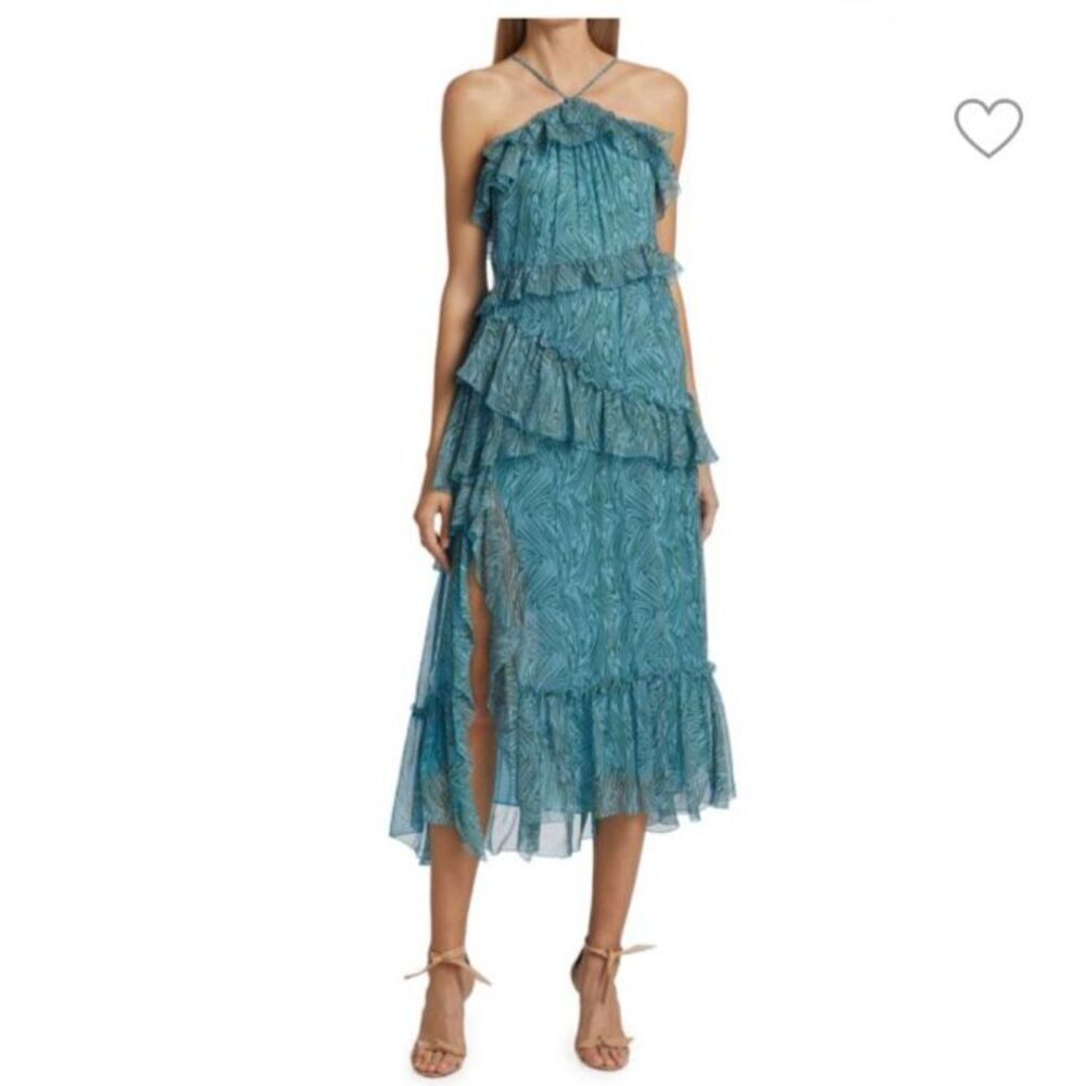 cinq a sept Teal Tiered Ruffled Halter High-Low Dress